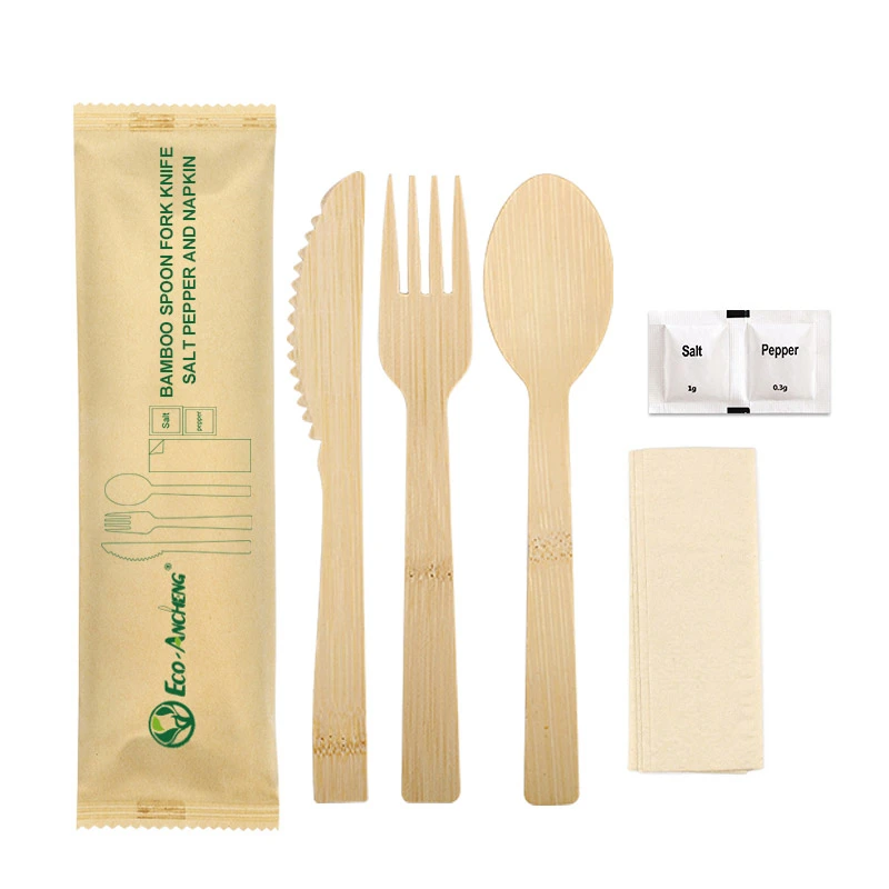 6 in 1 Wrapped Disposable Bamboo Cutlery Set