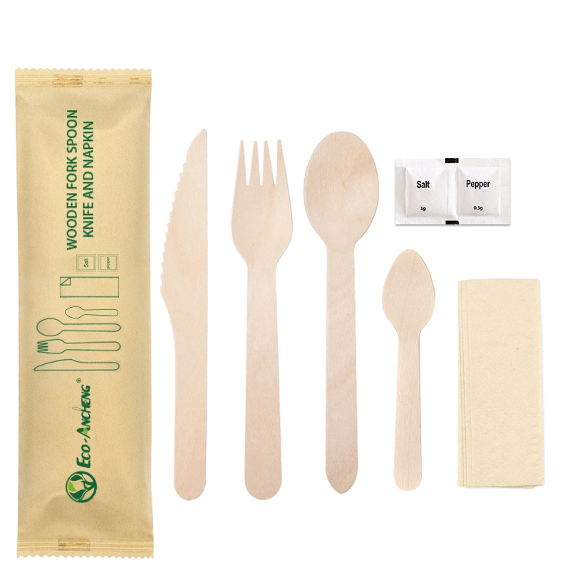 7 in 1 Wrapped Disposable Wooden Cutlery Set