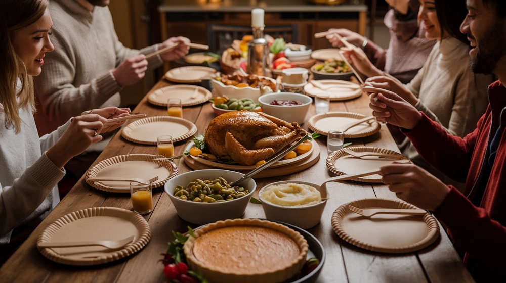 A Thanksgiving table set with eco-friendly disposable utensils