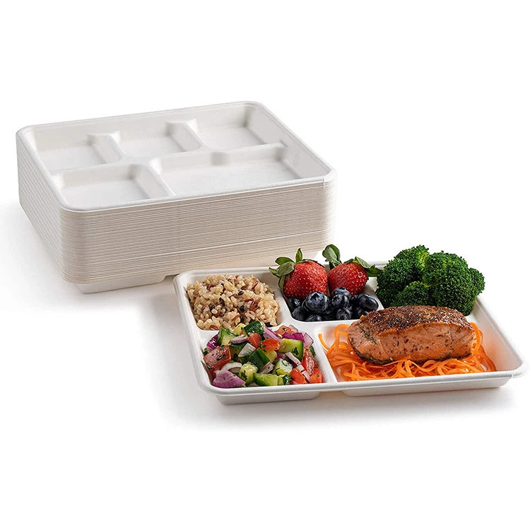 11 Inch Compostable Sugarcane 5 Compartment Disposable Food Tray