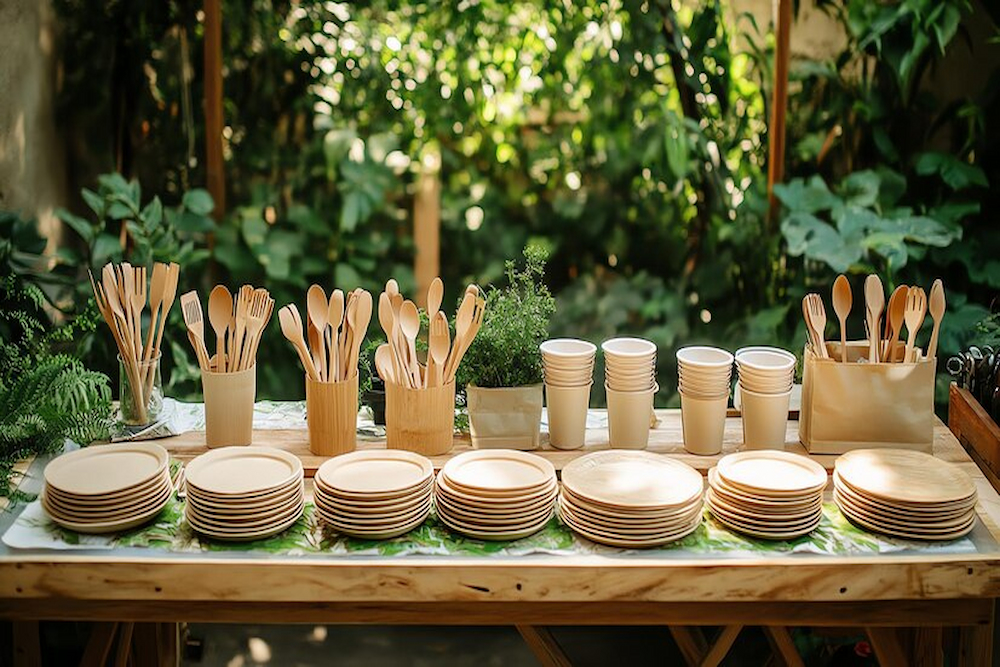 Disposable wooden dinnerware and cutlery from the restaurant for Thanksgiving.