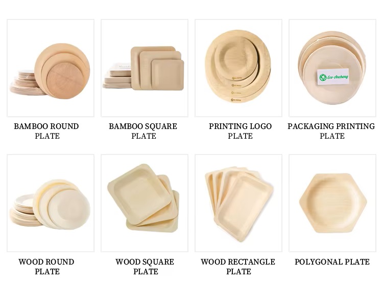 Ancheng different styles of disposable bamboo plates, including round, square, polygon.