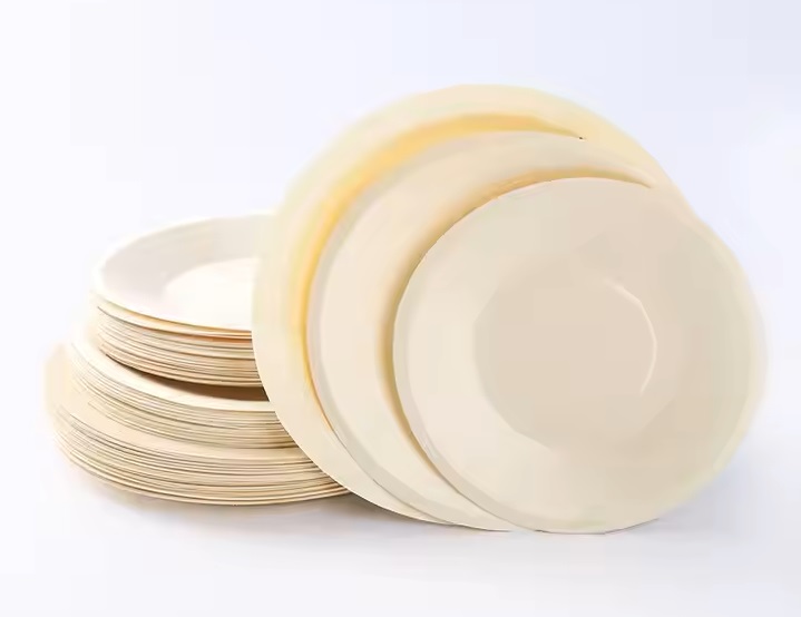 Stacked compostable wooden plates in the dining room.