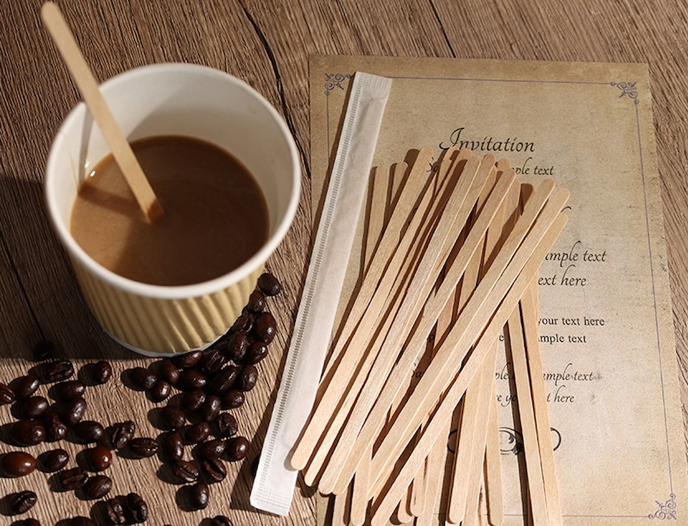 Eco-friendly wooden coffee stir sticks made of birch wood.
