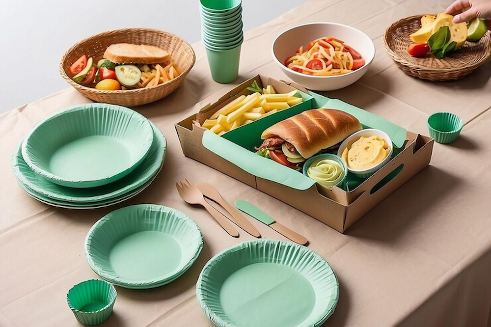 Green wedding themed eco-friendly tableware on the table.