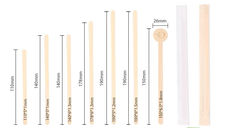 Different sizes of disposable wooden coffee sticks.