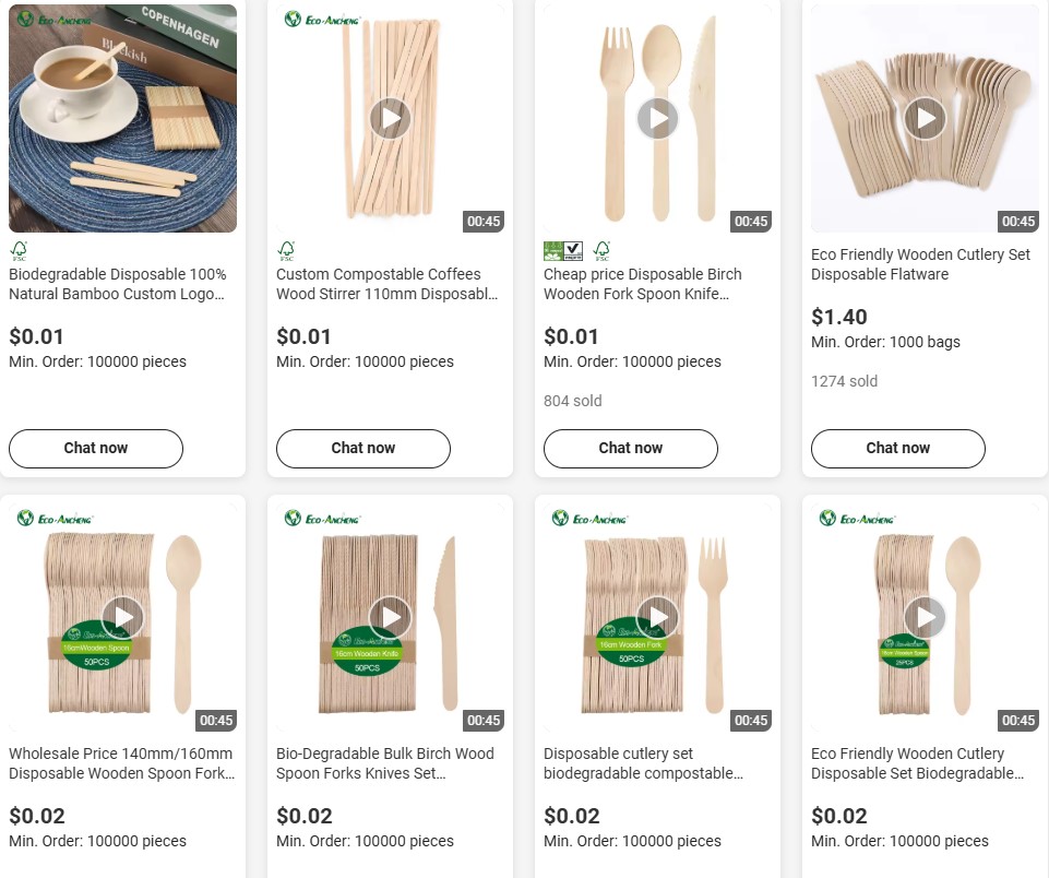 Prices for compostable wooden cutlery.