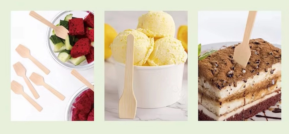 Different applications of biodegradable wooden spoons.