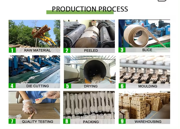 Sustainable single-use wooden spoon manufacturing process.