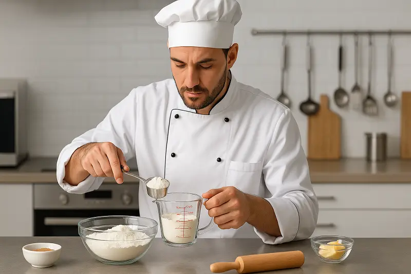 The chef is measuring flour with a measuring cup.