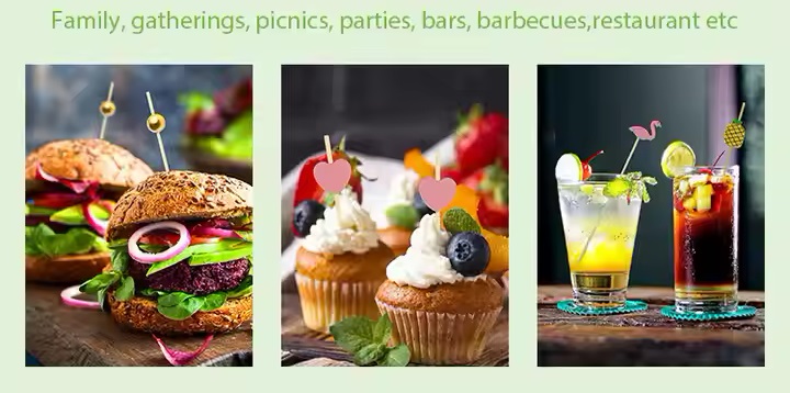 Cocktail sticks serve as appetizer picks for desserts, fruits and other food.