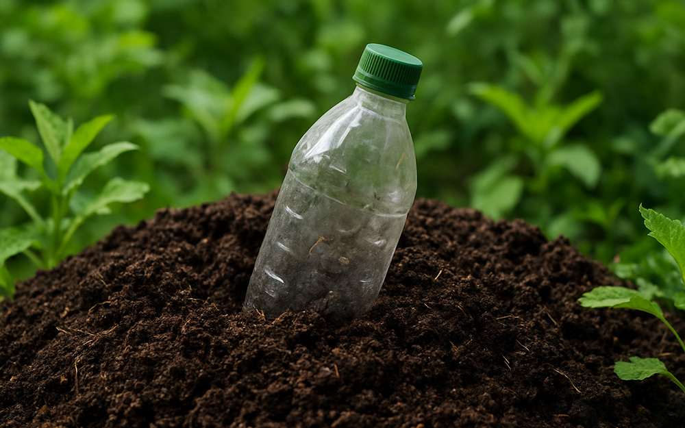 Bioplastic bottle in a pile of Composting Soil