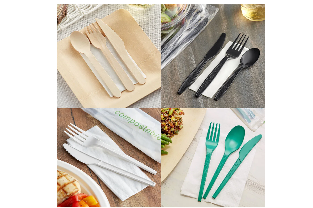 Disposable cutlery sets in different materials, including plastic, birch, bioplastic and more.