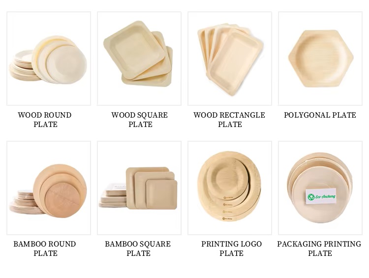 Disposable bamboo and wooden trays in different shapes and sizes.