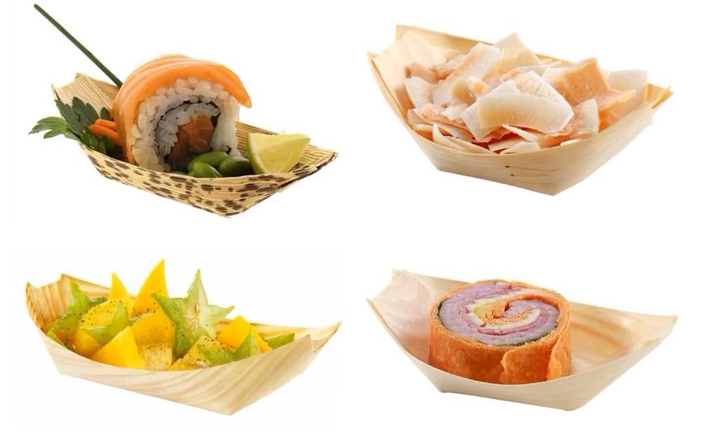 Display appetizers using biodegradable bamboo dishes and wood dishes.