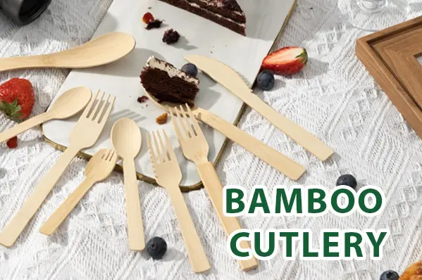 BAMBOO cutlery, including bamboo forks and spoons, knives
