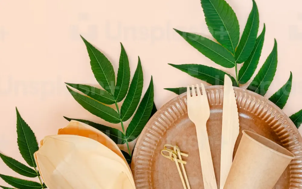 Sustainable disposable bamboo tableware including bamboo plates, cups and cutlery.