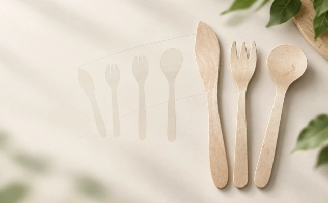 Talheres de madeira personalizados para uma rede de restaurantes.