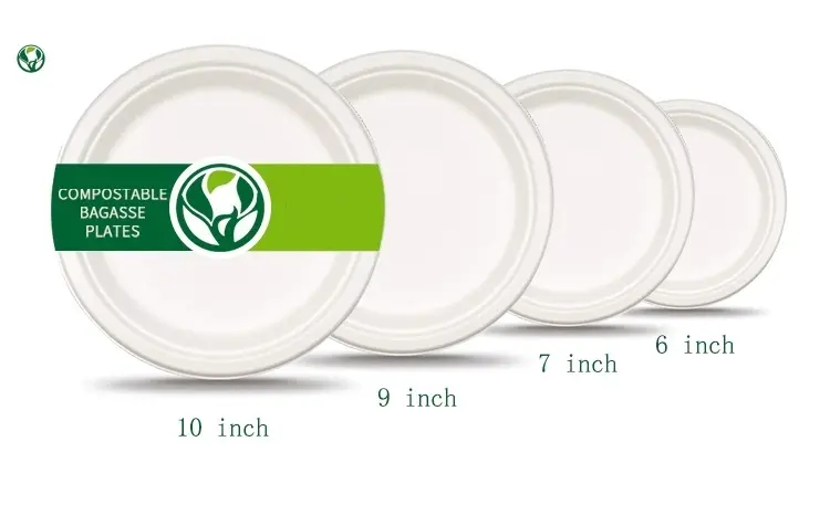 Compostable bagasse plates in 6, 7, 9, and 10-inch sizes.