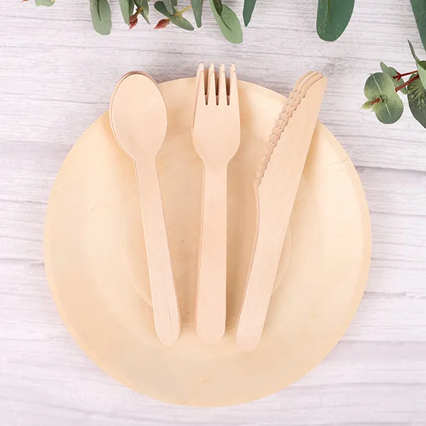 brich wood cutlery and plate