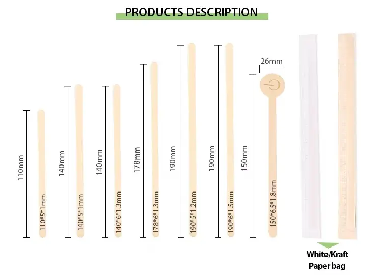 Sustainable stirring sticks in various sizes and designs