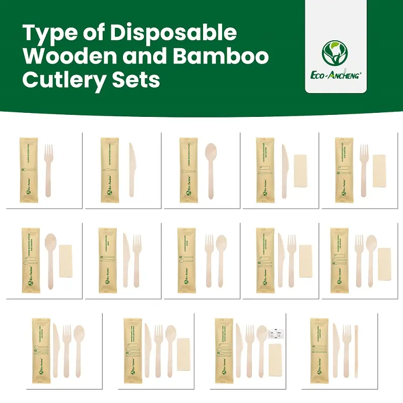 Various combinations of disposable wooden cutlery sets