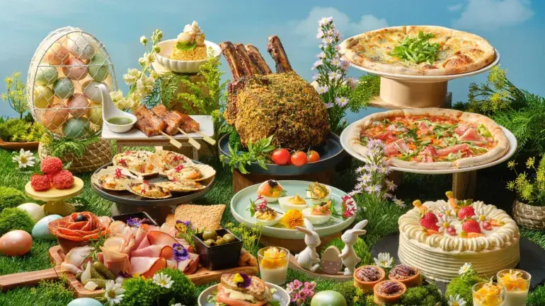 Ocean-friendly tableware for Easter, including disposable bamboo skewers and bamboo serving trays.