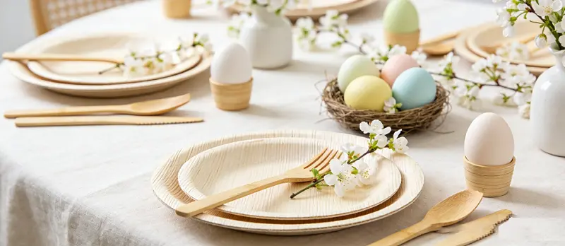 An Easter table set with a wooden cutlery set